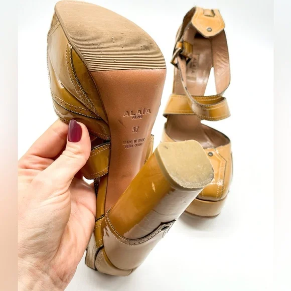 Aläia Tan Brown Patent Leather Criss Cross Platform Heels size 37 - Picture 6 of 10